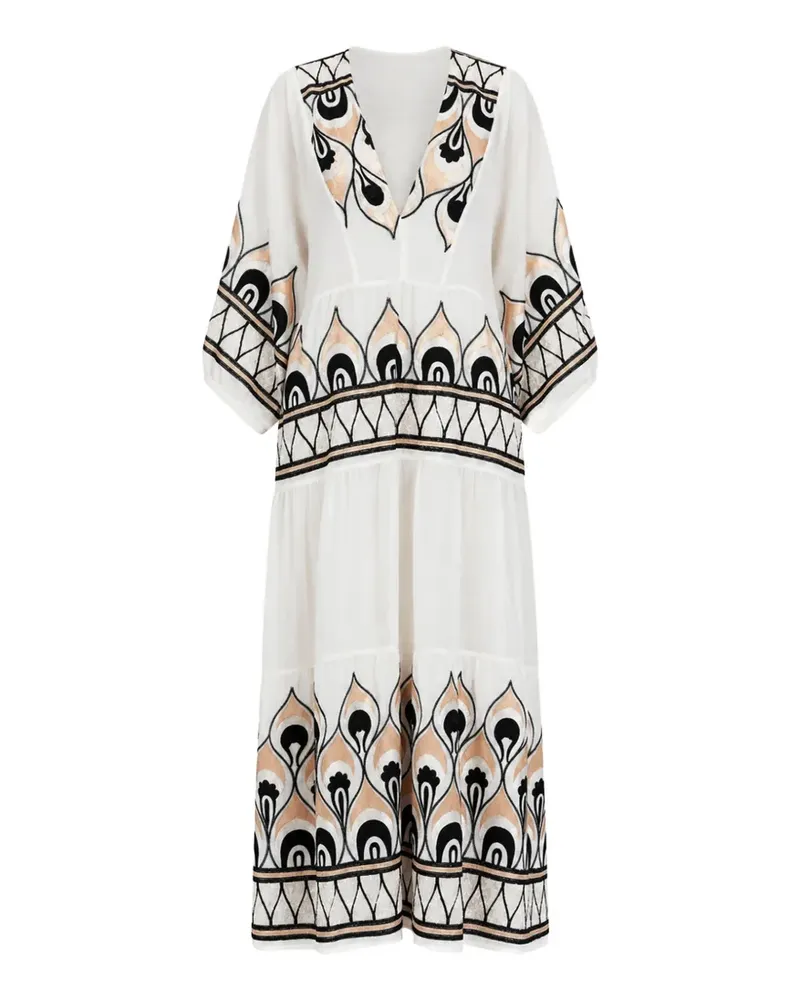 Greek Archaic Kori feather-embroidered tiered midi dress - Weiß Weiß