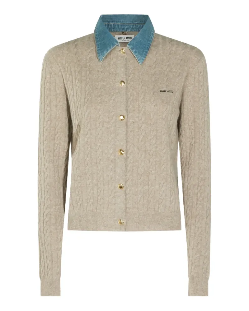 Miu Miu denim-collar cable-knit cardigan - Nude Nude