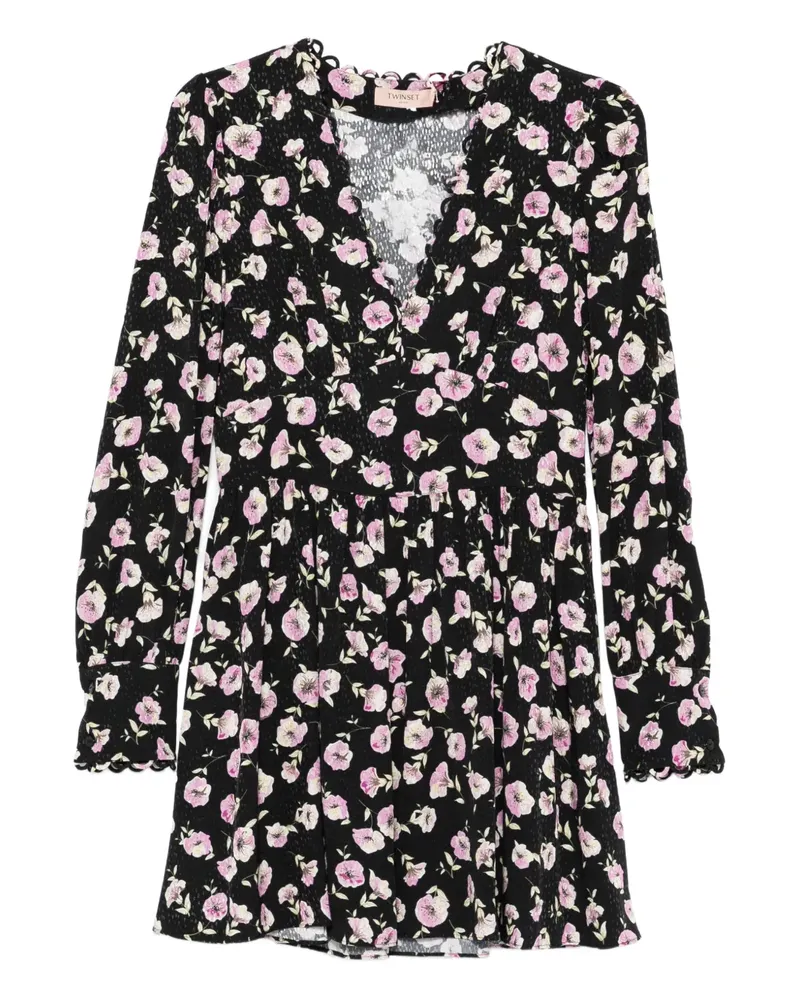 Twin-Set Geblümtes Minikleid mit V-Ausschnitt - Schwarz Schwarz
