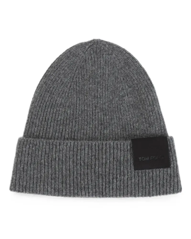 Tom Ford logo-patch ribbed-knit beanie hat - Grau Grau