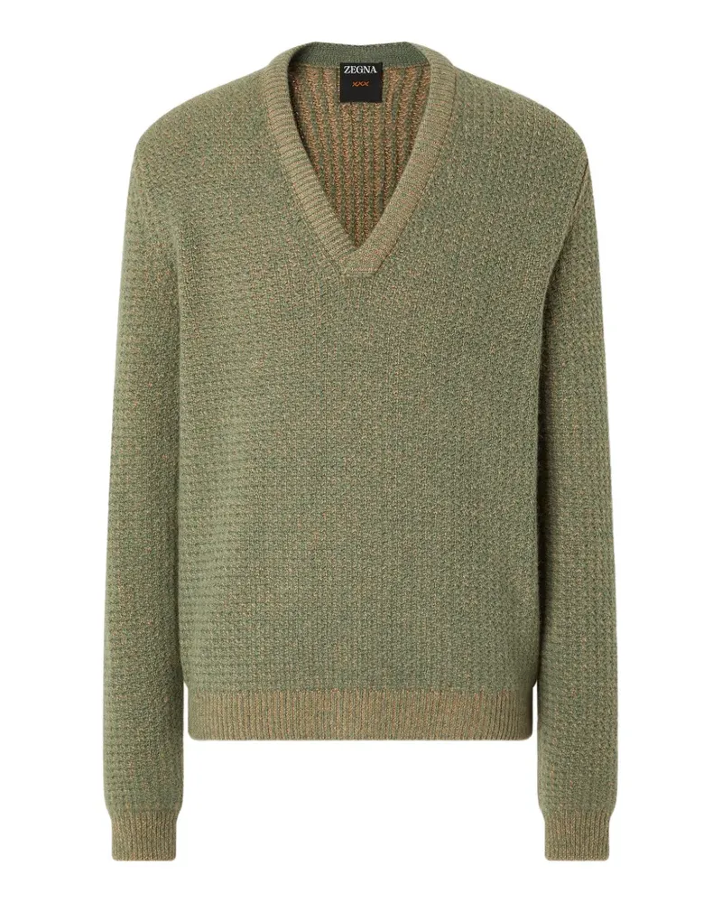 Ermenegildo Zegna beige and light green camel and cashmere V-neck sweaterr - Grün Grün