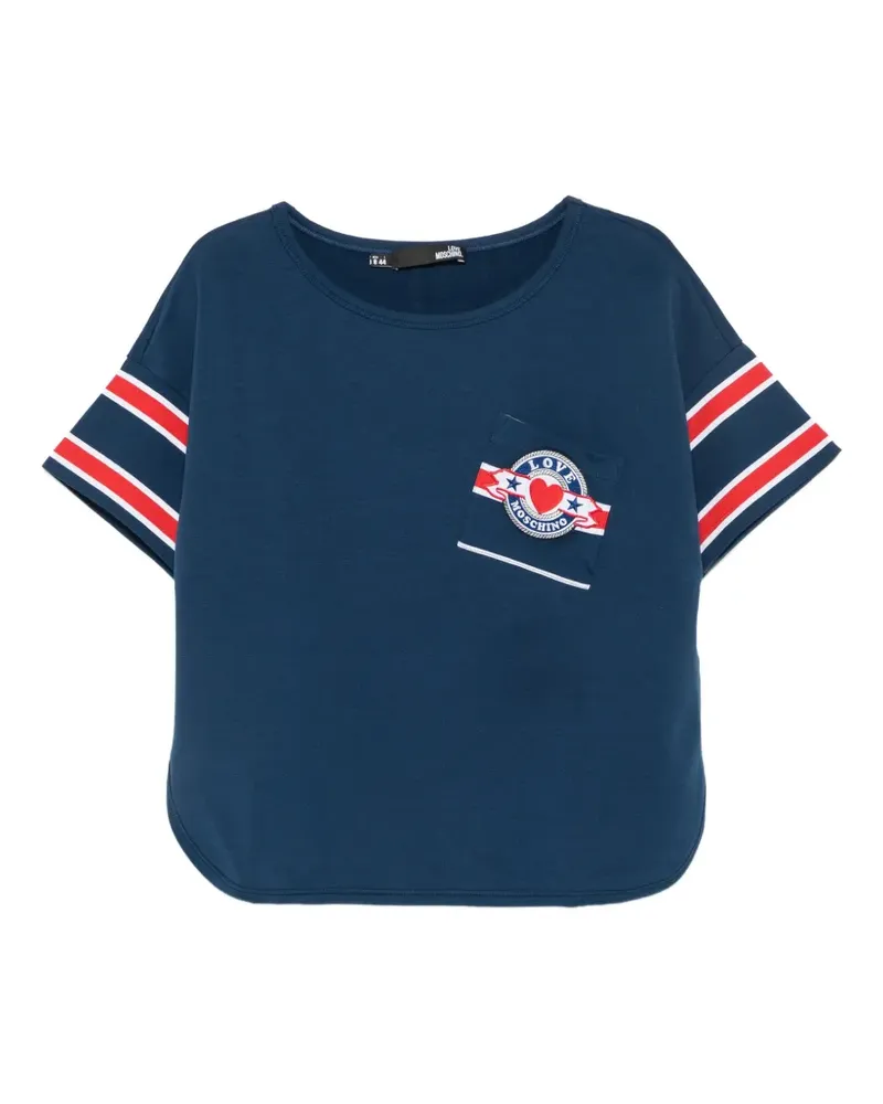 Moschino logo-patch striped-sleeve T-shirt - Blau Blau