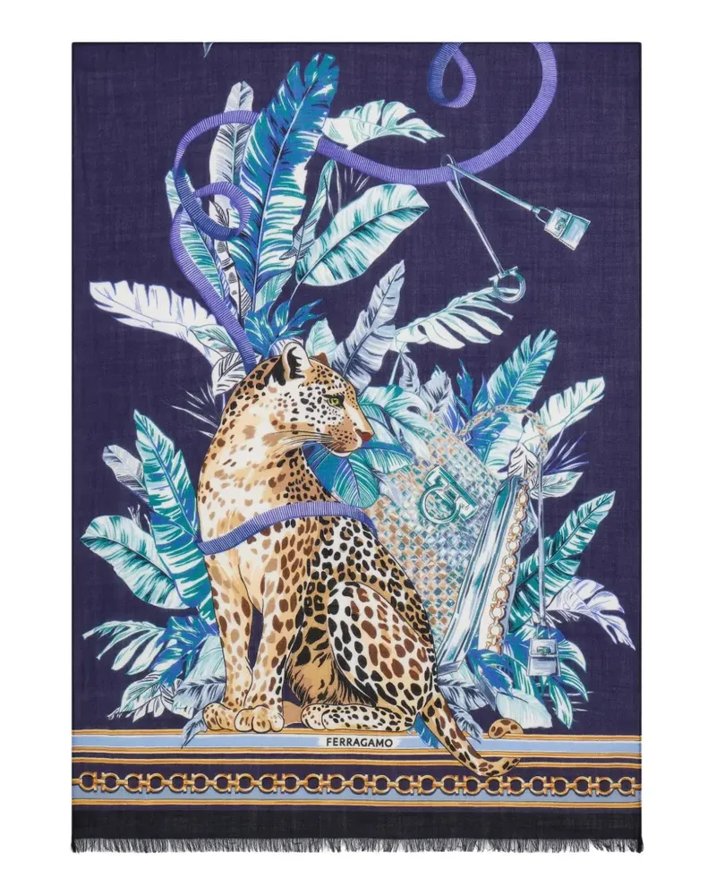 Ferragamo Stola aus reiner Wolle mit Feline-Print - Blau Blau