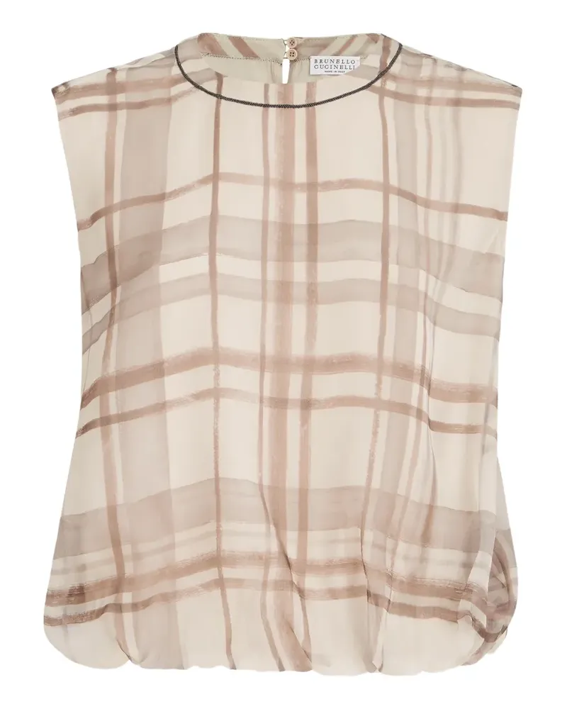 Brunello Cucinelli T-Shirt aus Seidenorganza mit Macro Check und glänzendem Detail am Hals - Nude Nude