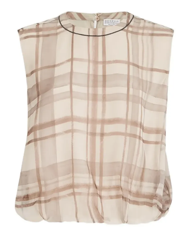 Brunello Cucinelli T-Shirt aus Seidenorganza mit Macro Check und glänzendem Detail am Hals - Nude Nude