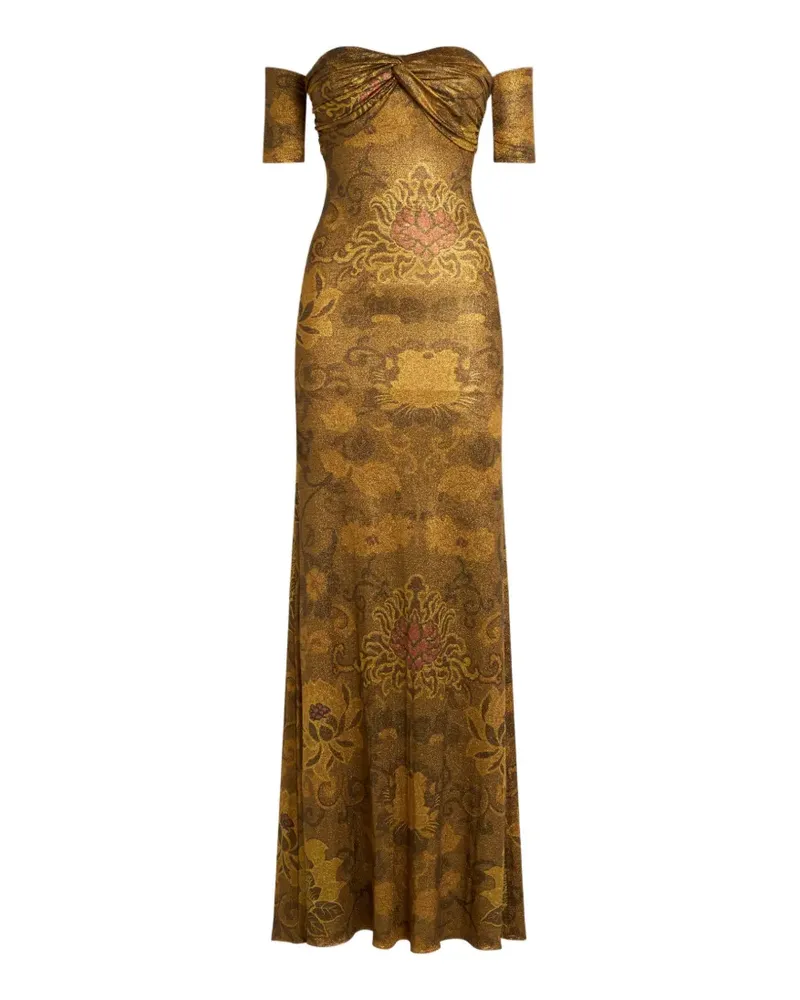 Etro Langes Jerseykleid im Metallic-Look mit offenen Schultern und Blumenmotiv - Gold Gold