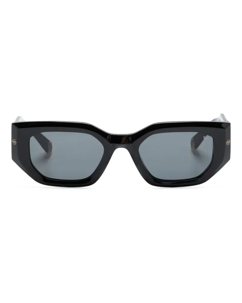 Philipp Plein Eckige Sonnenbrille mit Logo-Gravur - Schwarz Schwarz