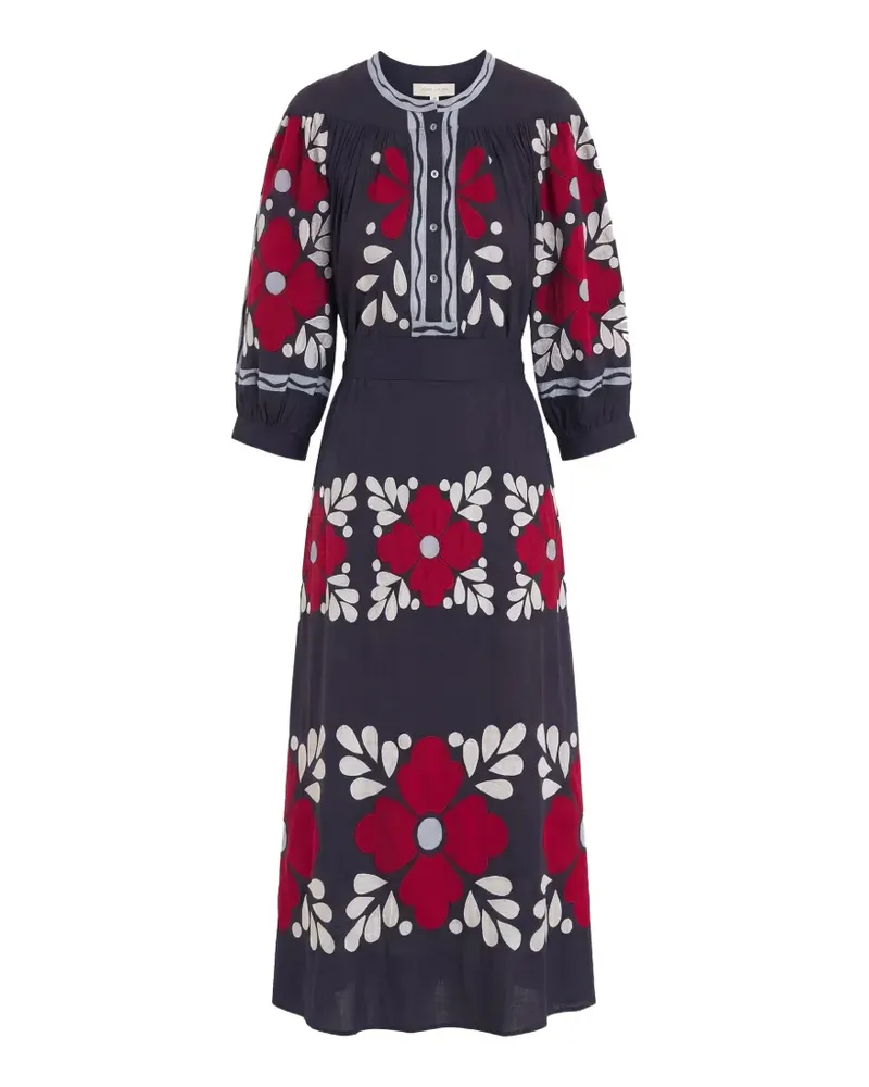 Antik Batik floral-embroidered puff-sleeve midi dress - Blau Blau