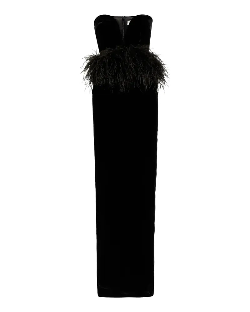 The New Arrivals Ilkyaz Ozel Schulterfreies Sienna Maxikleid mit Federn - Schwarz Schwarz