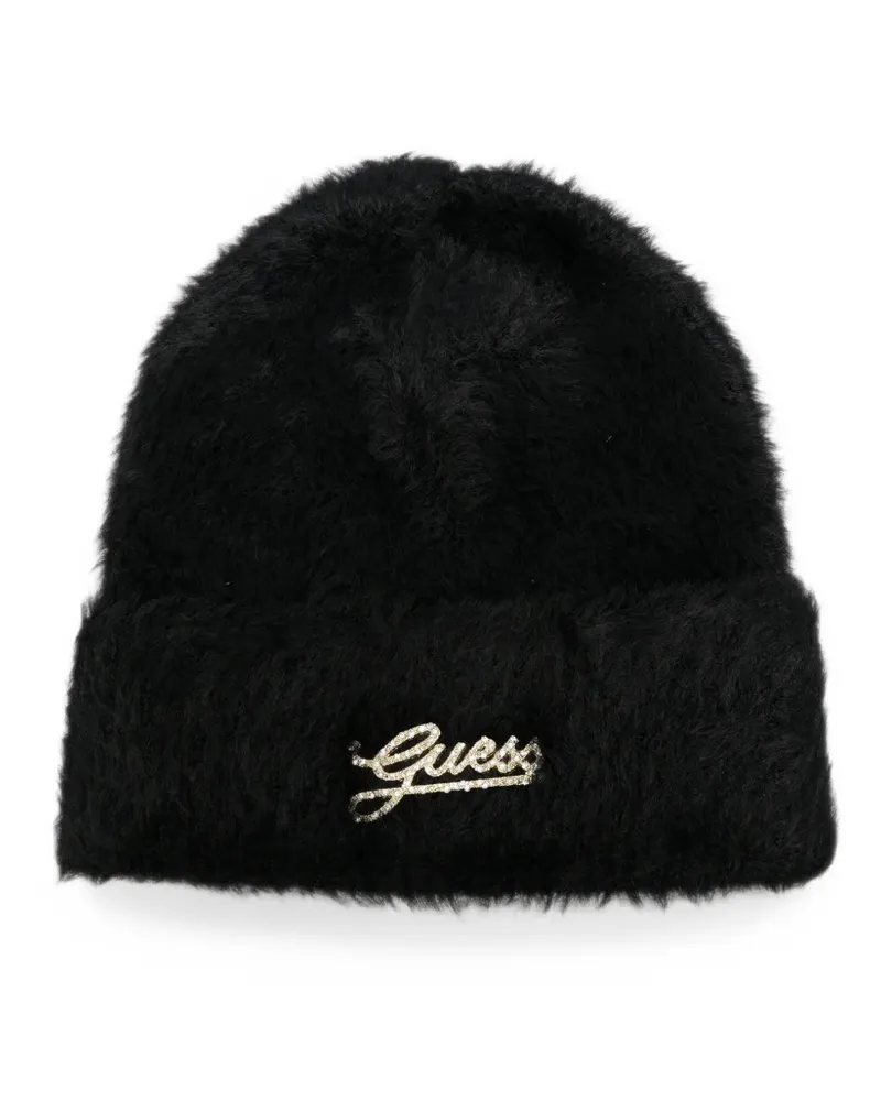 Guess logo-plaque faux-fur beanie hat - Schwarz Schwarz