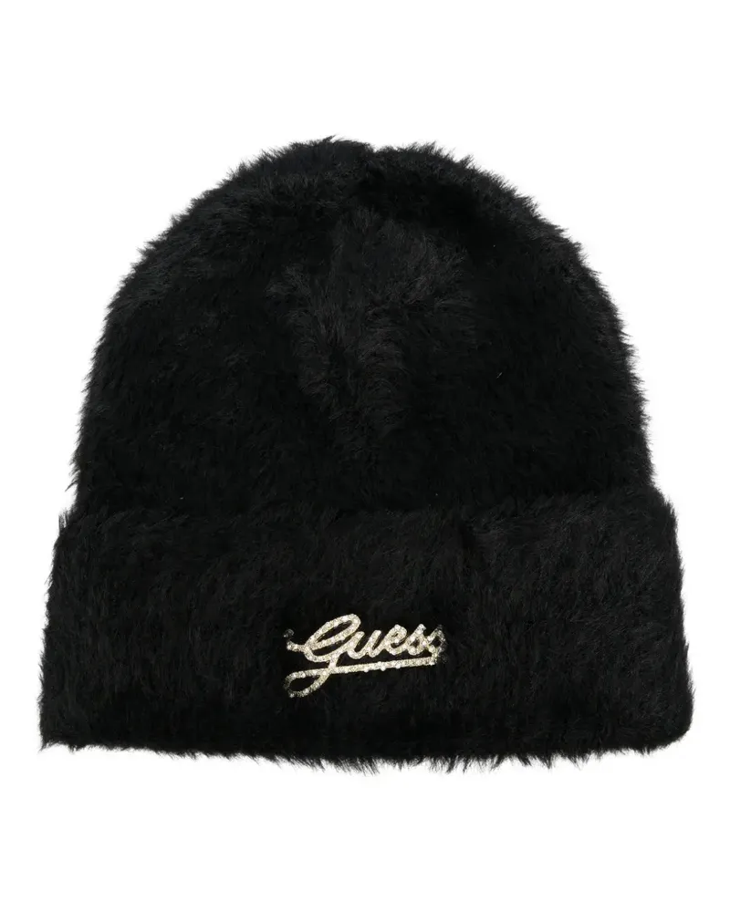 Guess logo-plaque faux-fur beanie hat - Schwarz Schwarz