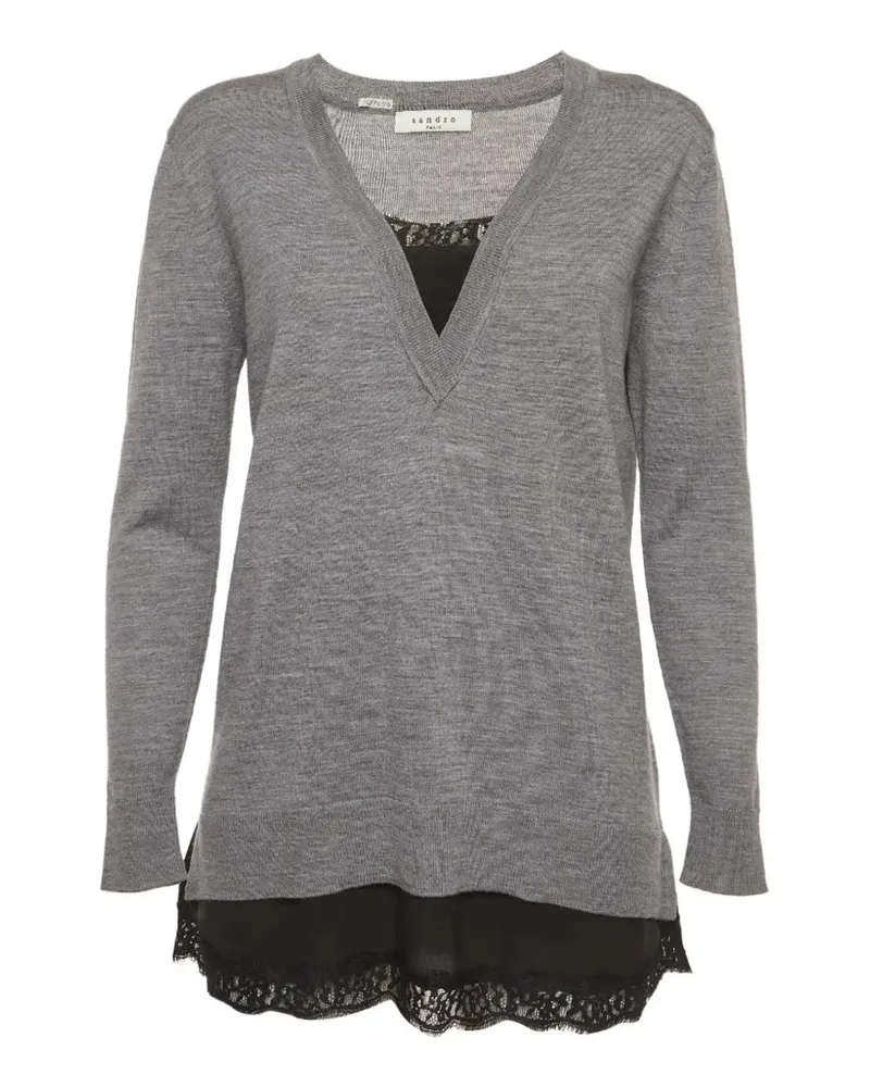 Sandro lace-trim V-neck sweater - Grau Grau
