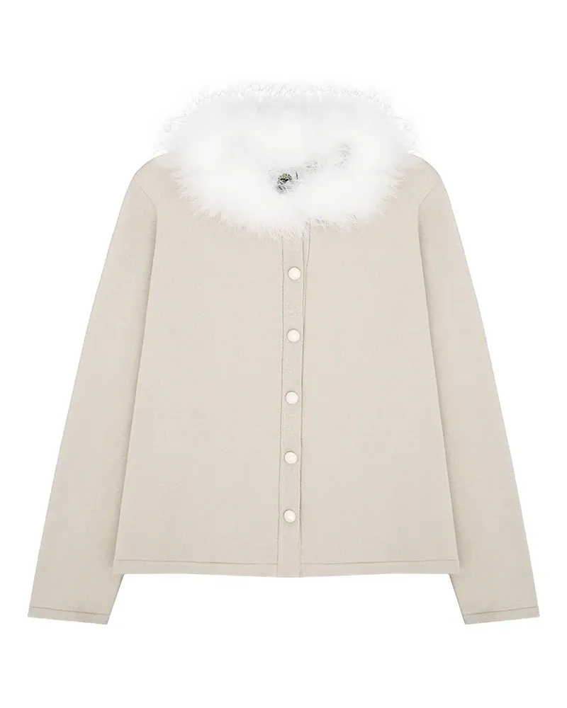 SLEEPER Miss Kitty Cardigan with Detachable Feathers in Beige - Nude Nude