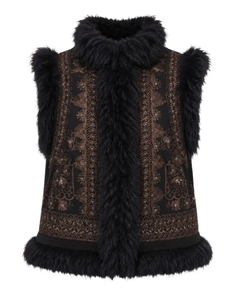 Antik Batik Shearling-Weste mit Blumenstickerei - Schwarz Schwarz