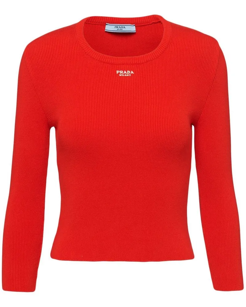 Prada Gerippter Pullover mit Logo-Stickerei Rot