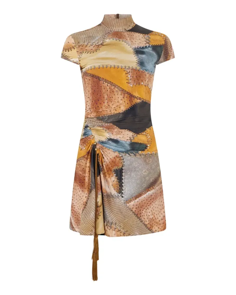 Roberto Cavalli patchwork-print tassel-detail mini dress - Nude Nude