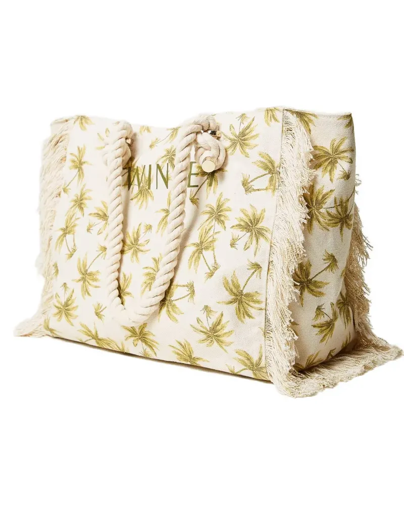 Twin-Set Tote Bag mit Palmenprint und Fransen - Nude Nude