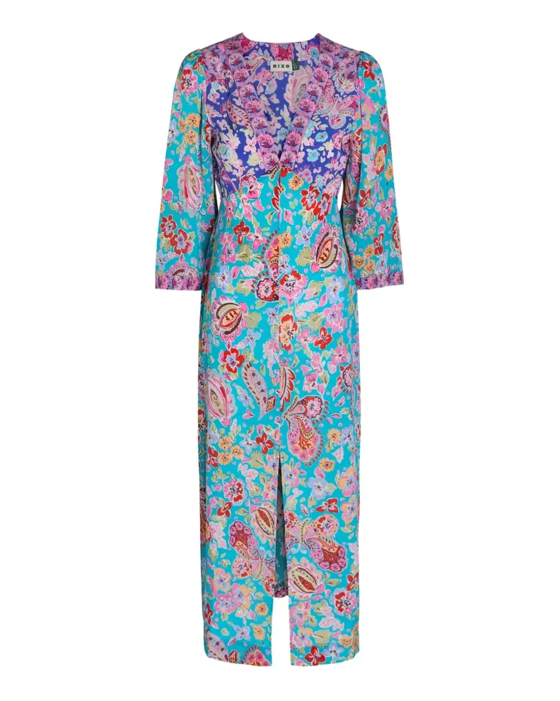 RIXO Dahlia Seiden-Midikleid mit Blumen-Print - Blau Blau
