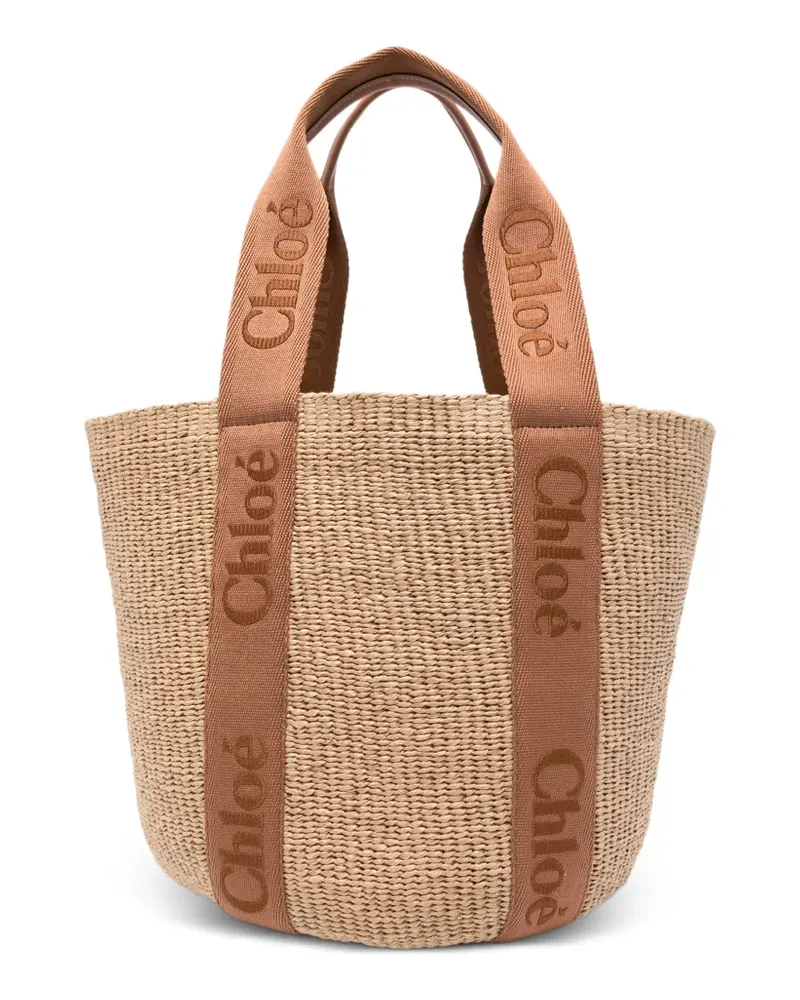 Chloé Large Woody raffia logo tote bag - Nude Nude