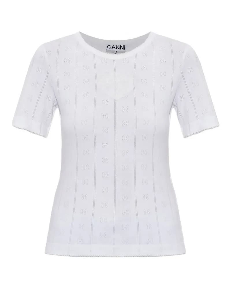 Ganni pointelle-knit logo-patch T-shirt - Weiß Weiß