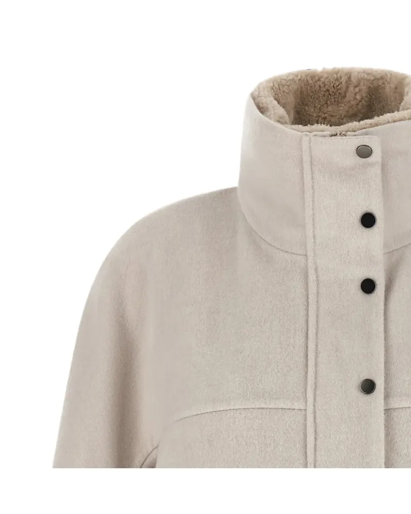 Brunello Cucinelli shearling-trim bat-sleeve coat - Nude Nude