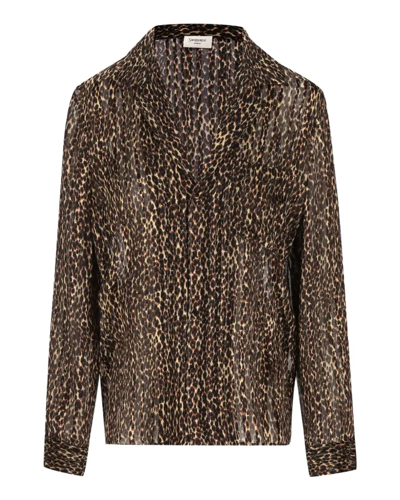 Saint Laurent blouse with a pajama collar and covered buttons, decorated with a lurex-stripe leopard-print motif. - Braun Braun