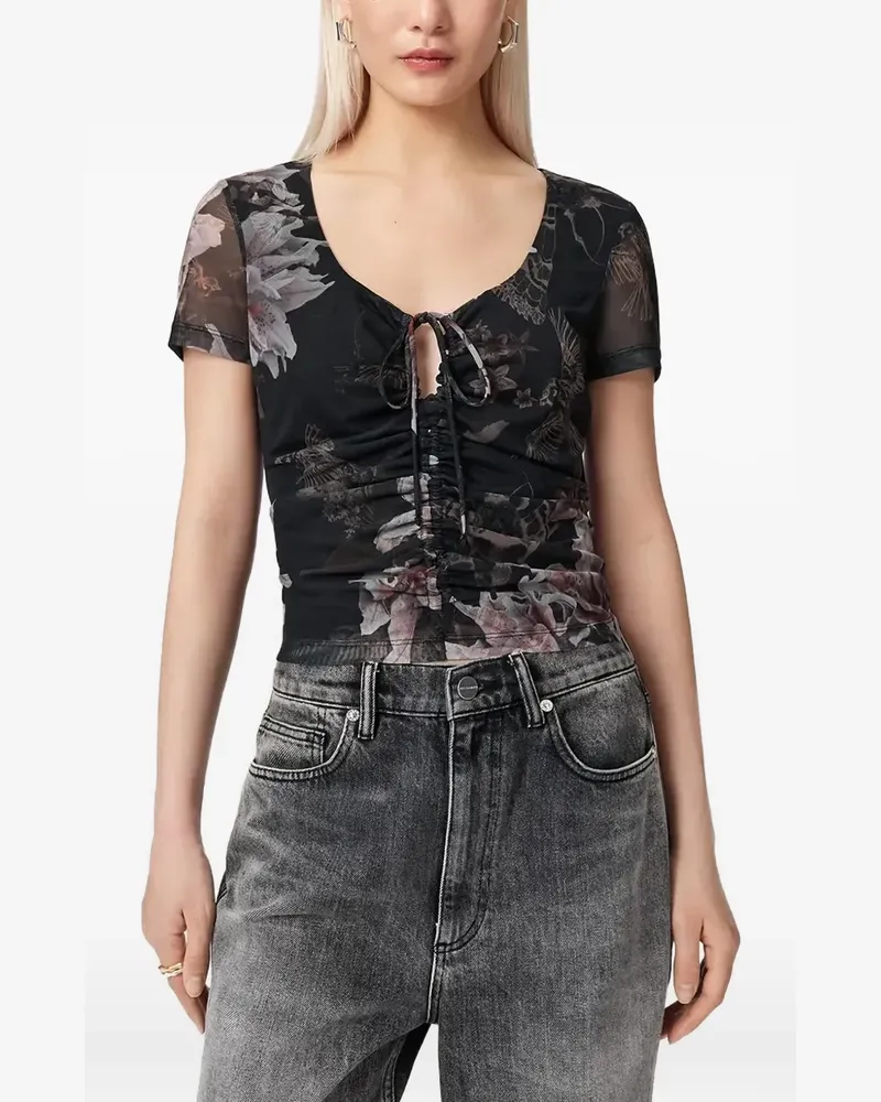 AllSaints floral-print slim fit ruched T-shirt - Schwarz Schwarz