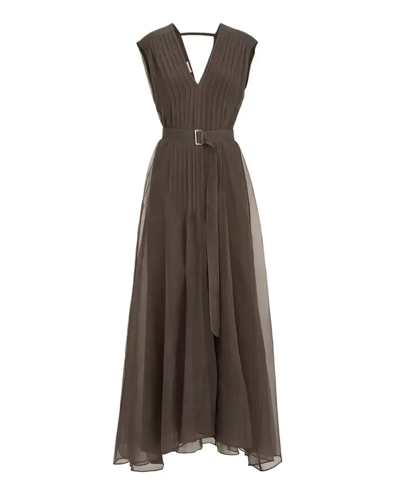 Brunello Cucinelli Crispy Seidenkleid mit Gürtel, Faltendetail und kostbarem Riemen - Braun Braun