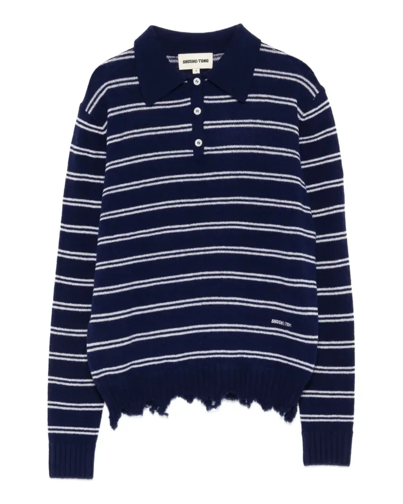 SHUSHU/TONG striped distressed-effect polo shirt - Blau Blau