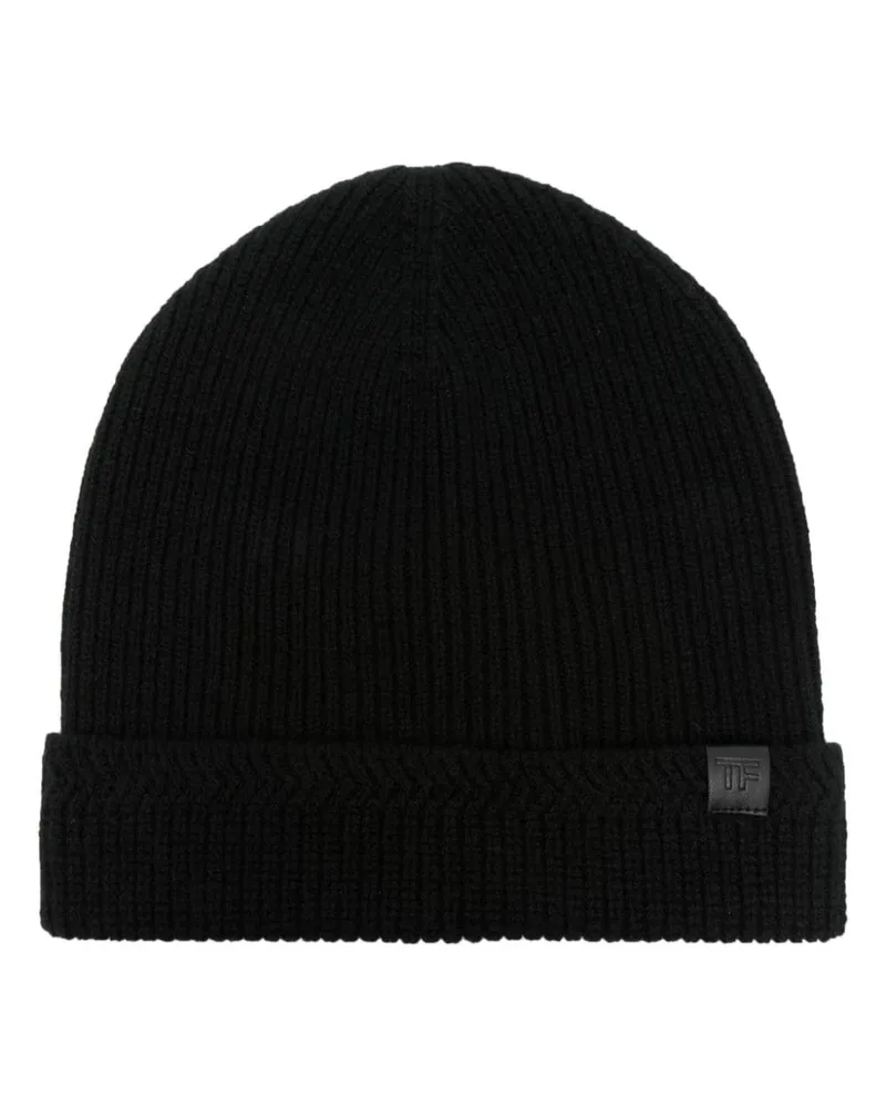 Tom Ford Gerippte Beanie mit Logo-Patch - Schwarz Schwarz