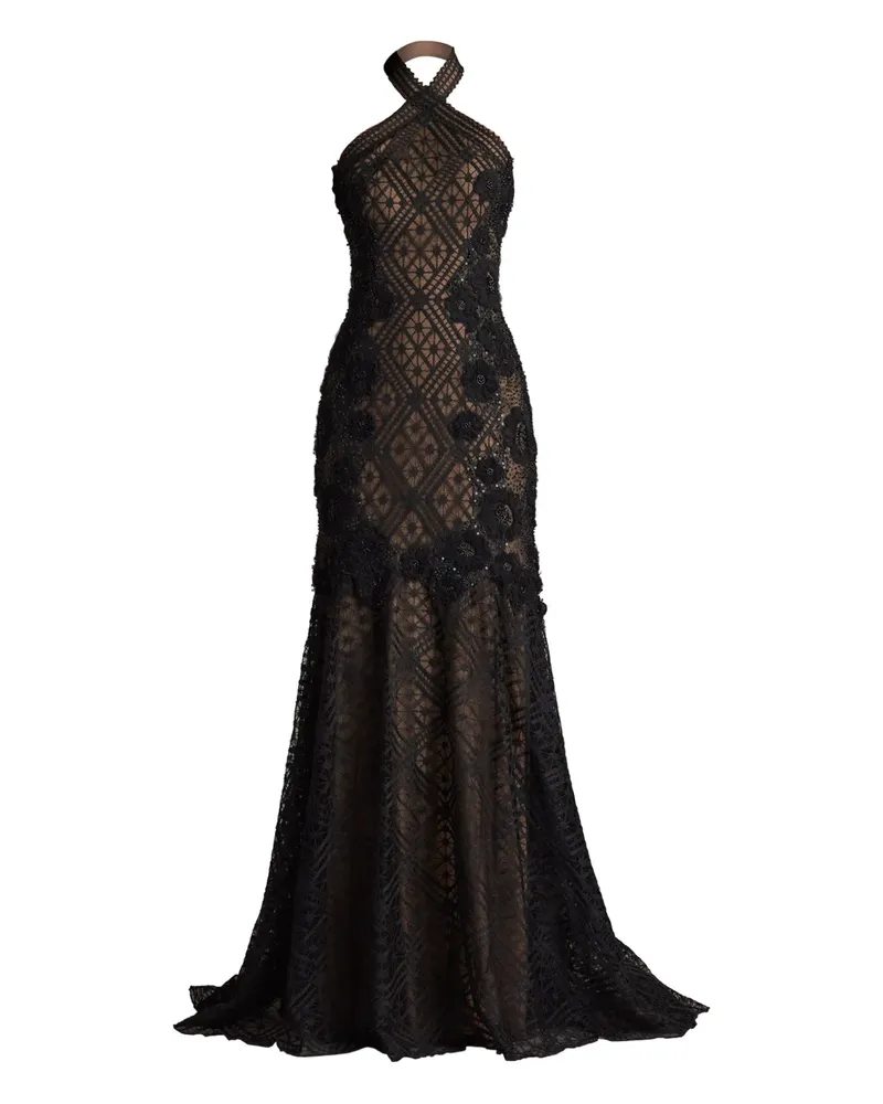 Tadashi Shoji Abendkleid aus perlenverzierter Spitze - Schwarz Schwarz