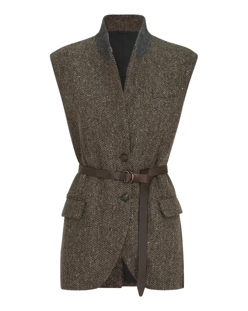 Brunello Cucinelli sparkling virgin wool Chevron vest with leather belt and Monili - Braun Braun