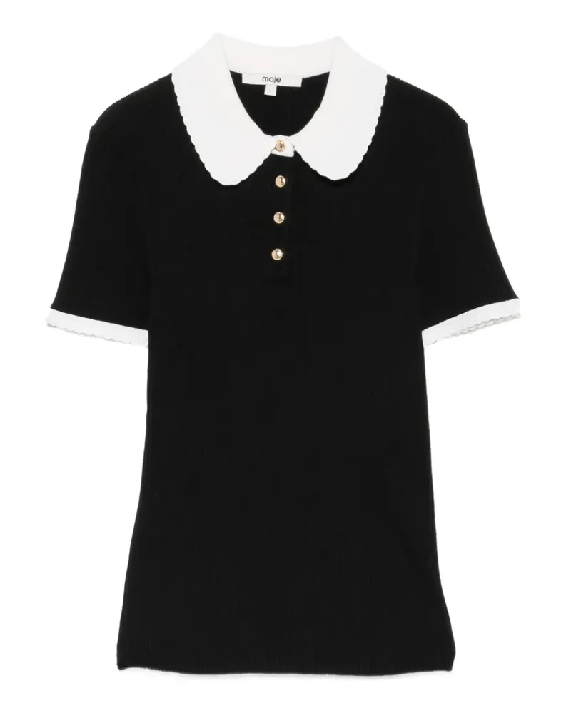 Maje contrast-collar ribbed polo top - Schwarz Schwarz