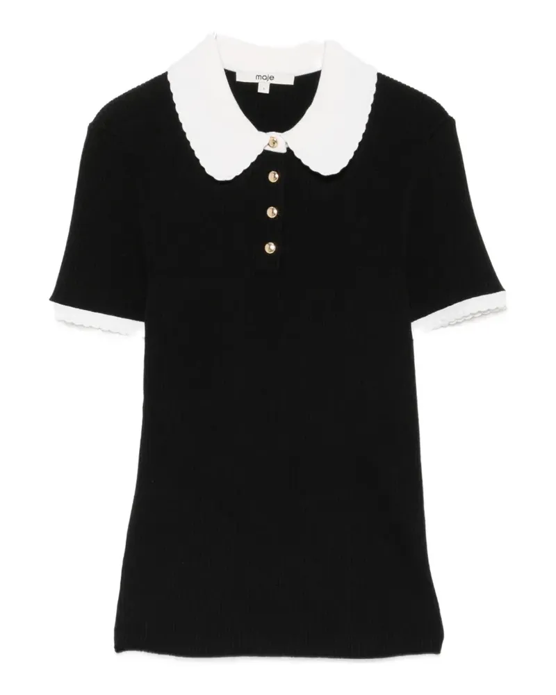 Maje contrast-collar ribbed polo top - Schwarz Schwarz