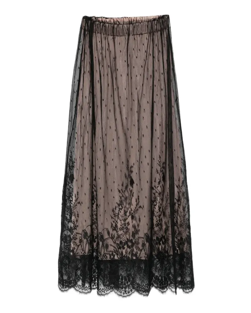 Isabel Benenato Geraffter Maxirock mit Spitze-Overlay - Schwarz Schwarz