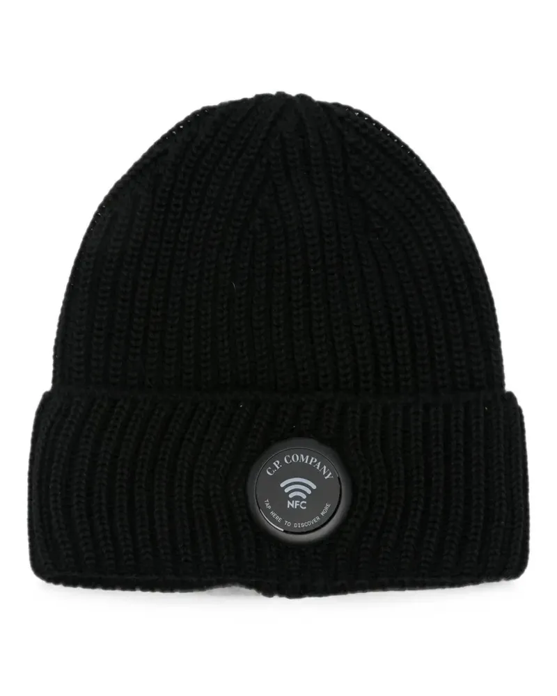 C.P. Company Gerippte Beanie mit Logo-Patch - Schwarz Schwarz