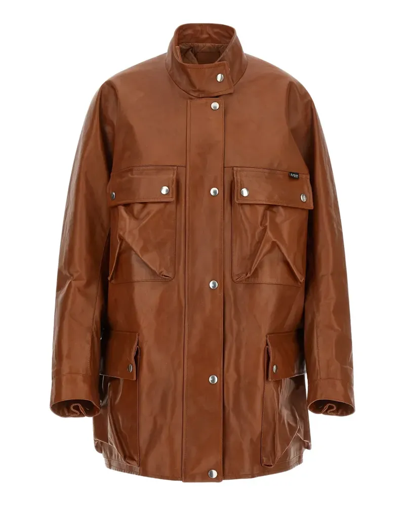 Prada standing collar antiqued leather jacket - Braun Braun