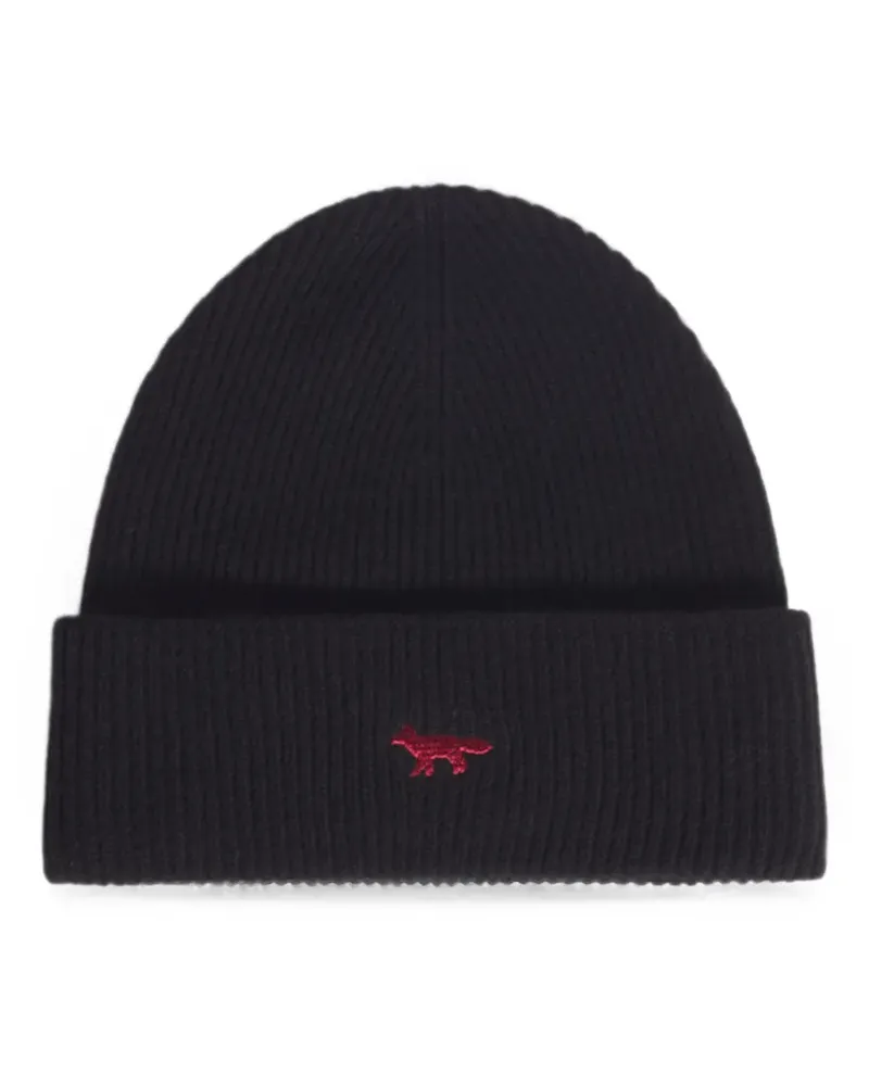 Kitsuné ribbed-knit fox-embroidered beanie hat - Schwarz Schwarz