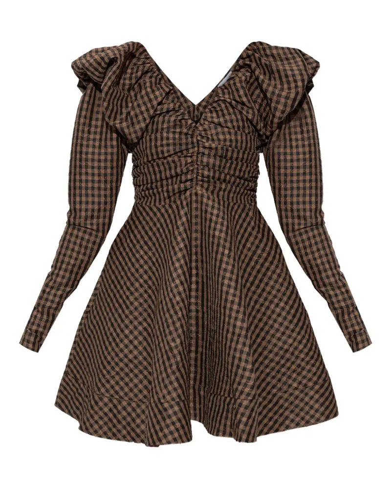 Ganni V-neck checked mini dress - Braun Braun