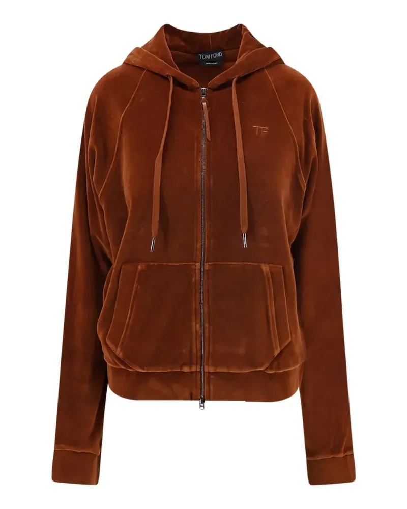 Tom Ford stretch cotton velour zip hoodie with tonal TF embroidered logo - Braun Braun