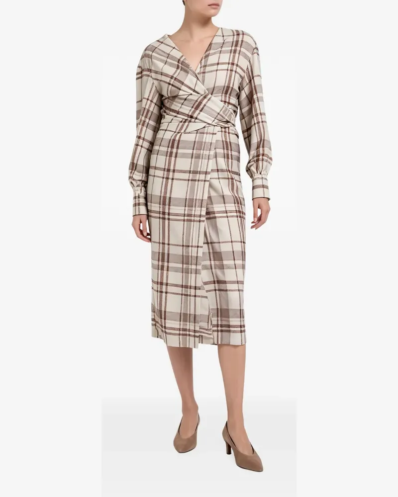 Brunello Cucinelli check-print wrap-style midi dress - Nude Nude