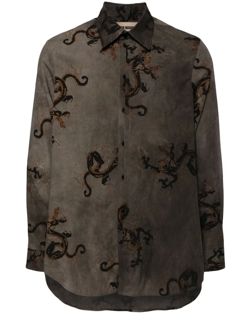 Uma Wang dragon-print long-sleeved shirt Grün