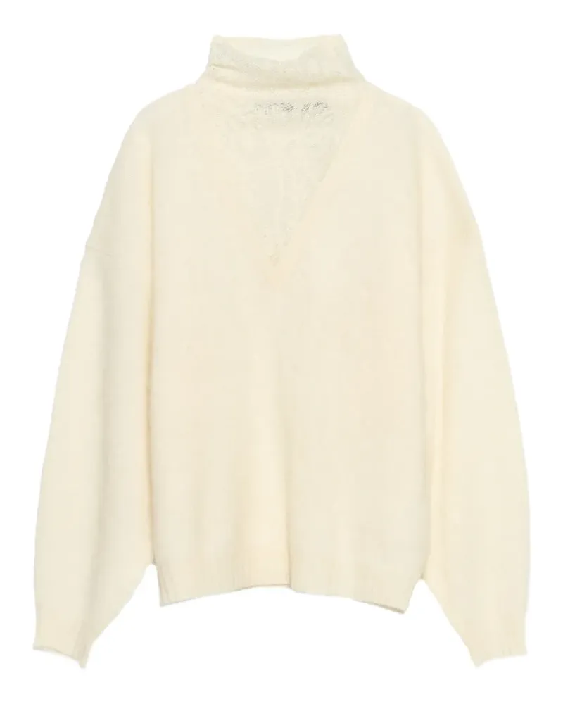 BIMBA Y LOLA Elfenbeinfarbener Lochstrickpullover aus Wolle mit Stehkragen - Nude Nude