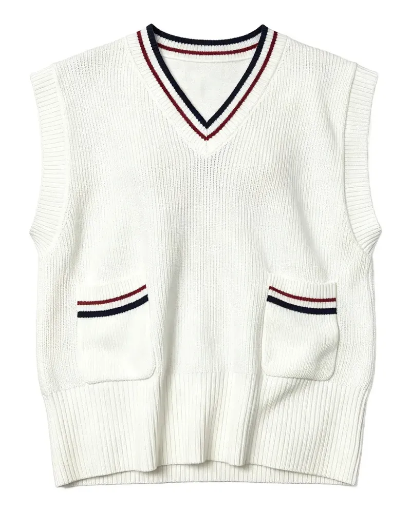 Brunello Cucinelli Pullover mit V-Ausschnitt und gestreiftem Besatz - Weiß Weiß
