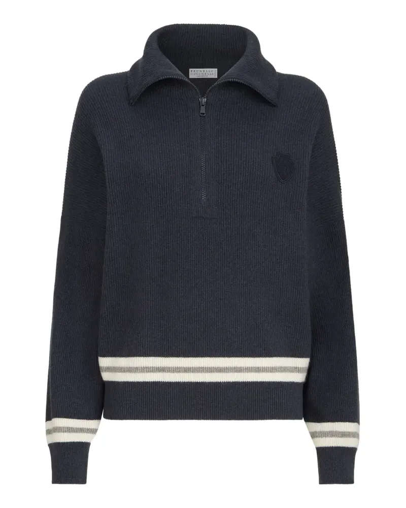 Brunello Cucinelli cashmere English-rib turtleneck sweater with half-zip and logo - Blau Blau