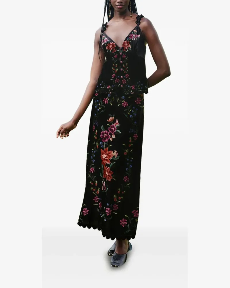 FARM Rio scalloped floral-print midi skirt - Schwarz Schwarz