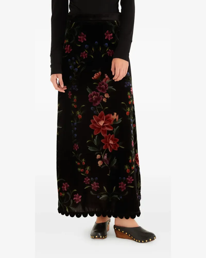 FARM Rio scalloped floral-print midi skirt - Schwarz Schwarz