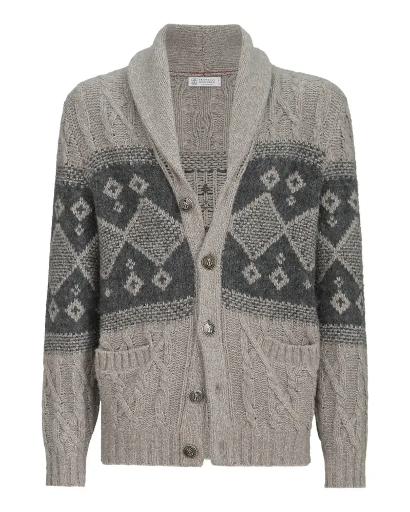 Brunello Cucinelli virgin-wool, silk and cashmere chiné cable-knit cardigan with intarsia - Grau Grau