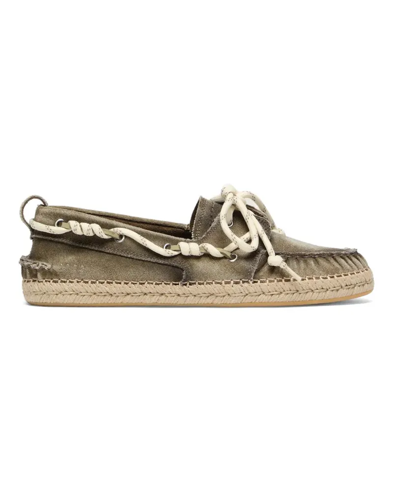 Golden Goose Cruise Moccasins aus militärgrünem Canvas mit weißen Trekking-Schnürsenkeln und Sohlenrand in Jute-Optik Grün
