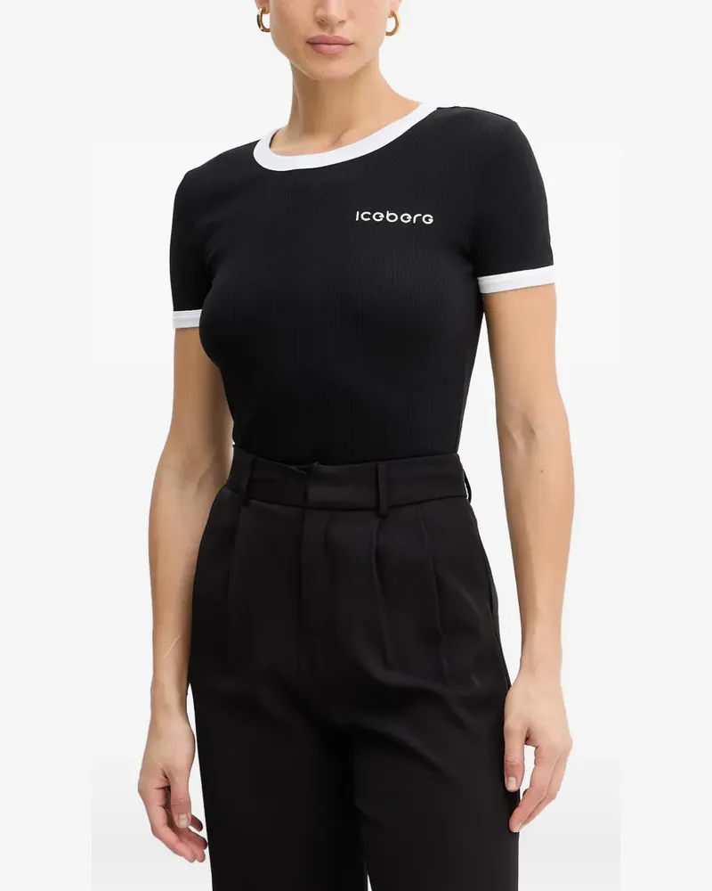 Iceberg Geripptes T-Shirt mit Logo-Print - Schwarz Schwarz